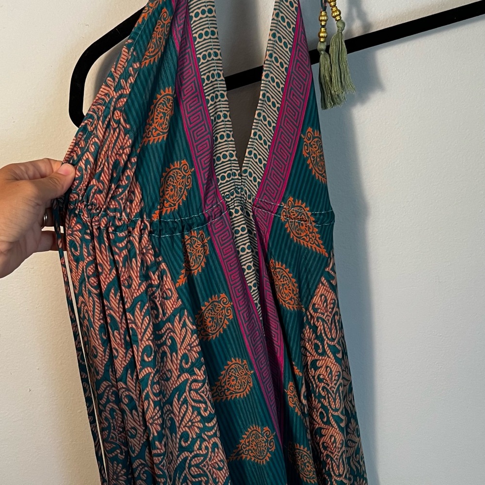 JM Collection Teal and Coral Silk Blend Dress